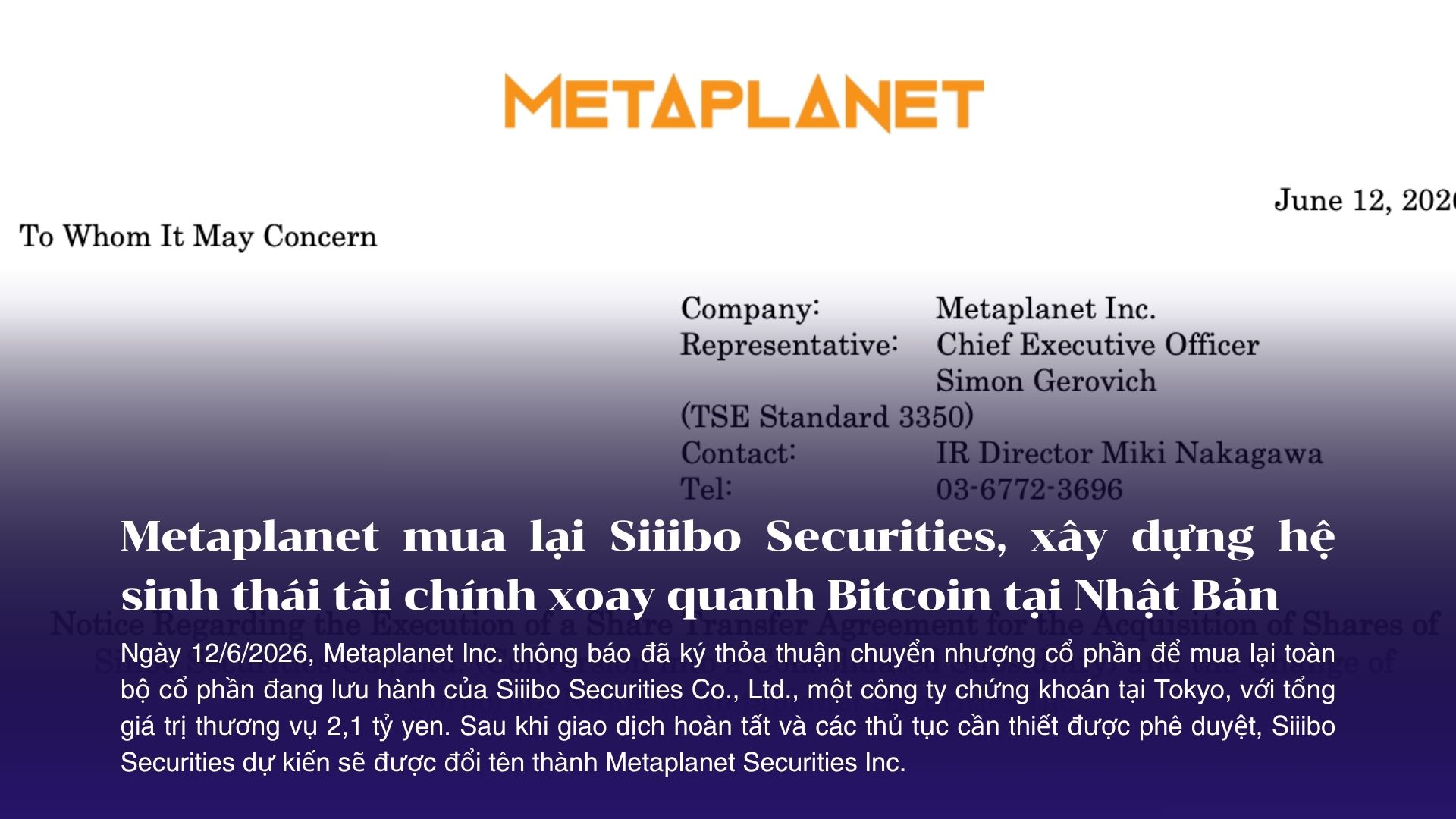 Metaplanet mua lại Siiibo Securities, mở đường xây dựng hệ sinh thái tài chính xoay quanh Bitcoin tại Nhật Bản