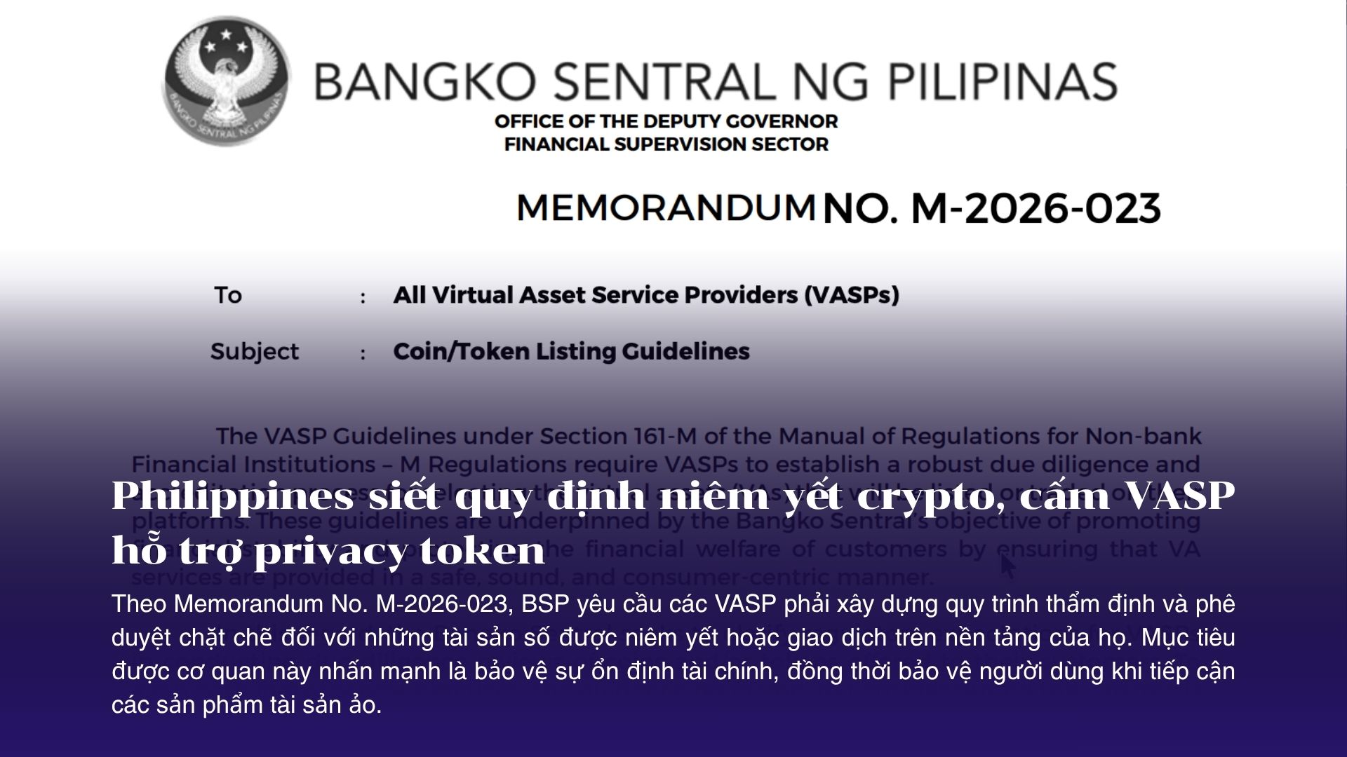 Philippines siết quy định niêm yết crypto, cấm VASP hỗ trợ privacy token
